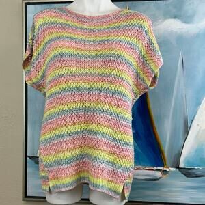 Adyson Parker Sweater Open knit Rainbow Stripe Short Sleeve size med NWT